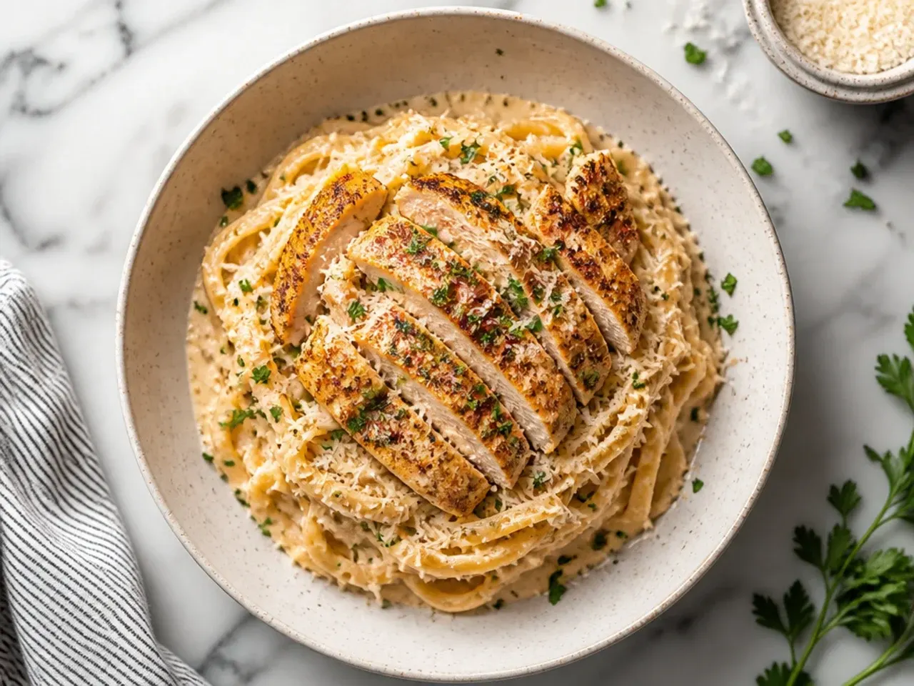Cajun spiced chicken alfredo pasta with a blackened chicken crust