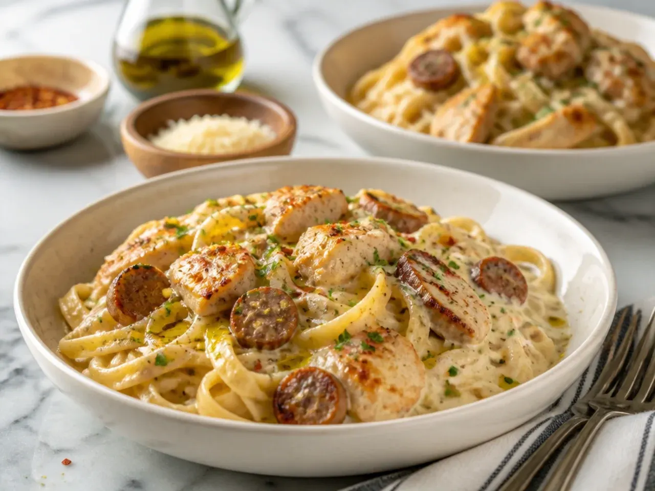 Hearty chicken and sausage alfredo pasta with browned sausage pieces