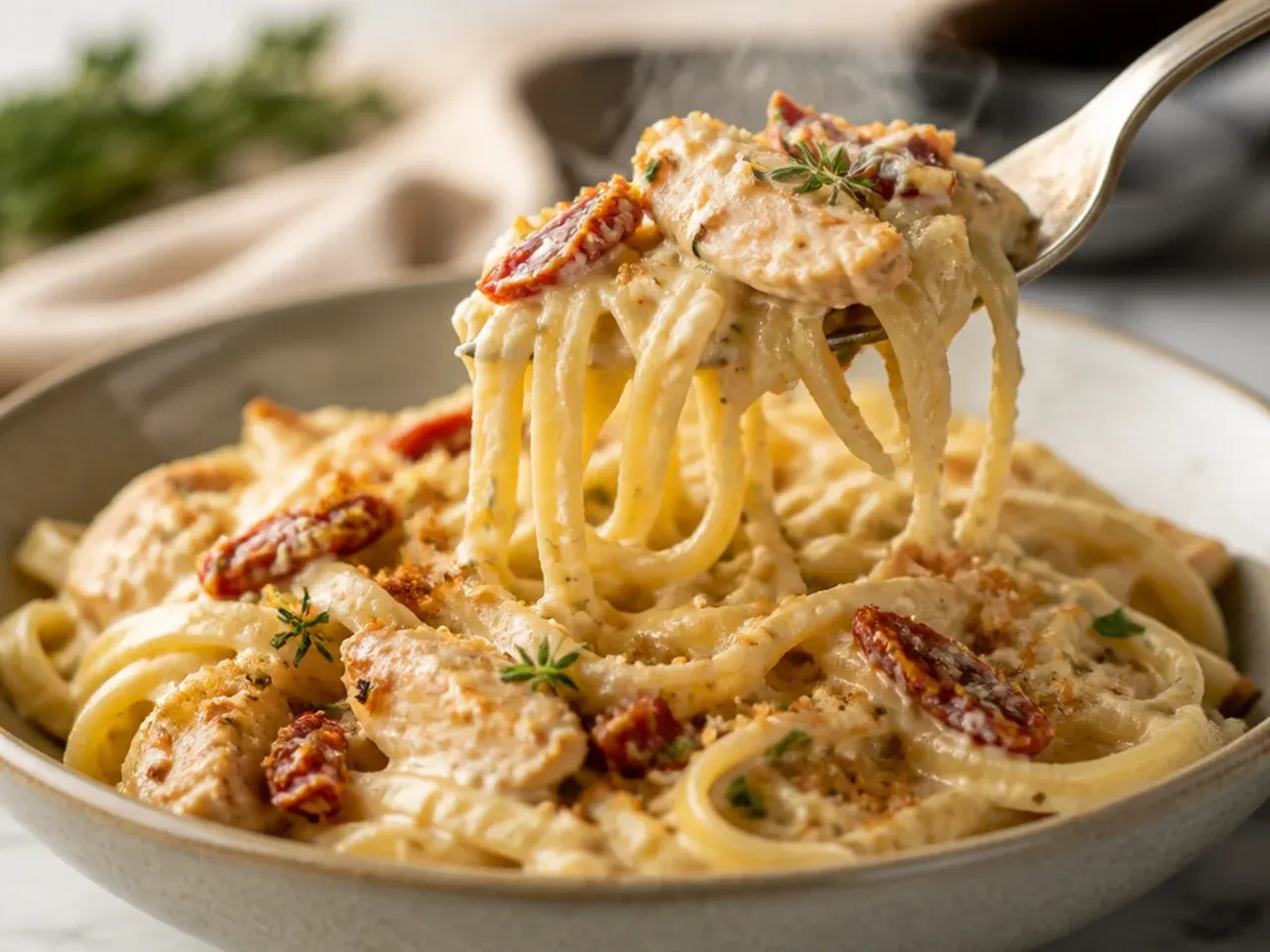 Sun-dried tomato chicken alfredo pasta with wilted spinach and red tomato pieces