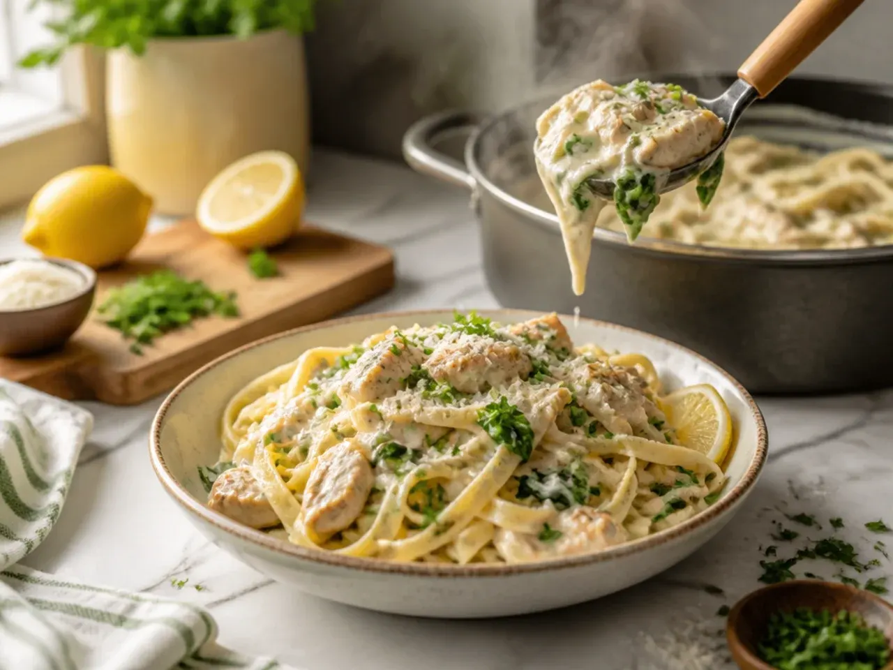 Creamy spinach chicken alfredo pasta with wilted green spinach leaves