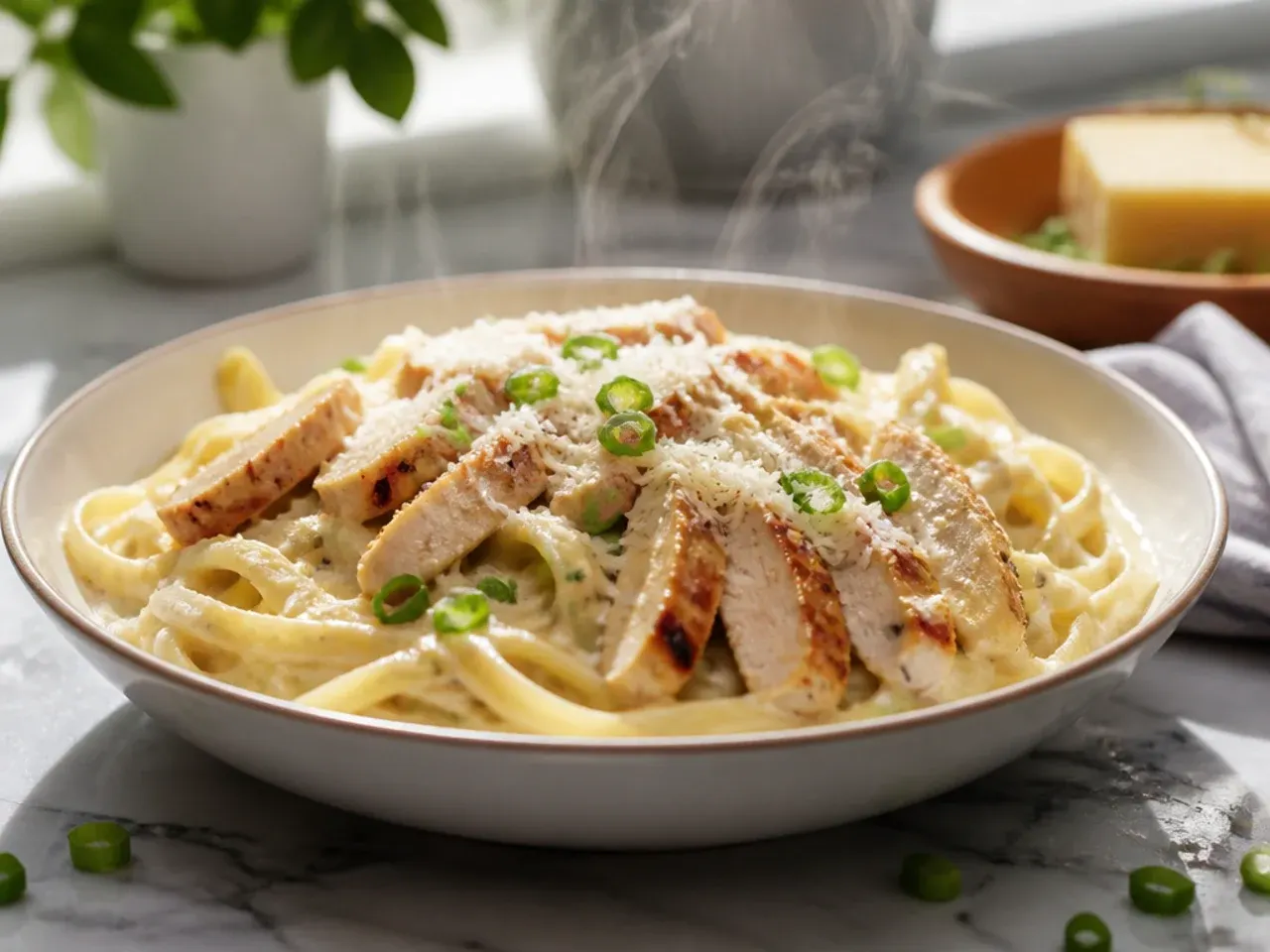 Simple grilled chicken alfredo pasta with charred chicken slices on top