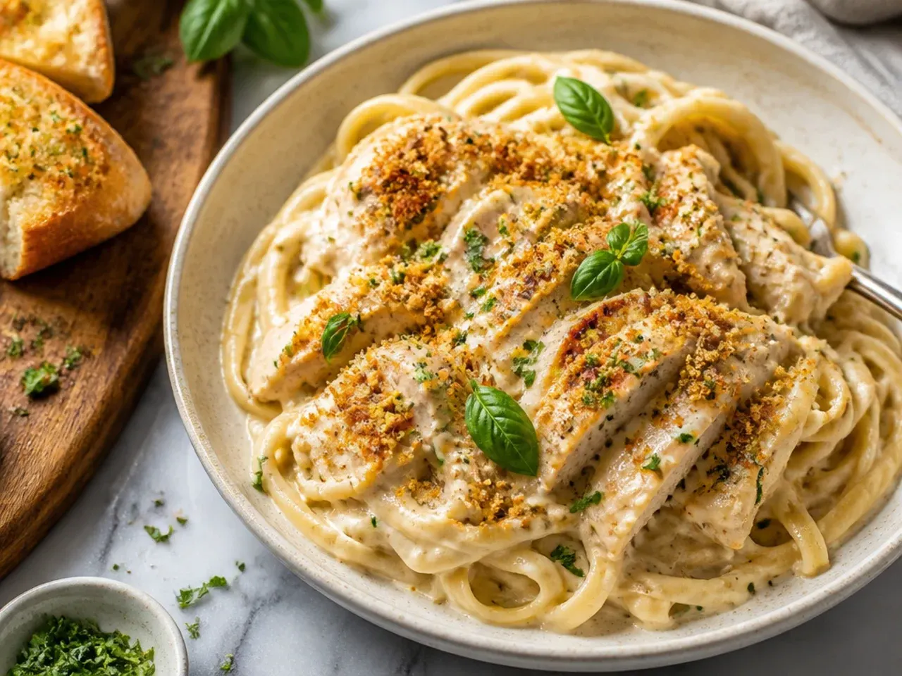 Cheesy garlic parmesan chicken alfredo pasta with extra grated cheese