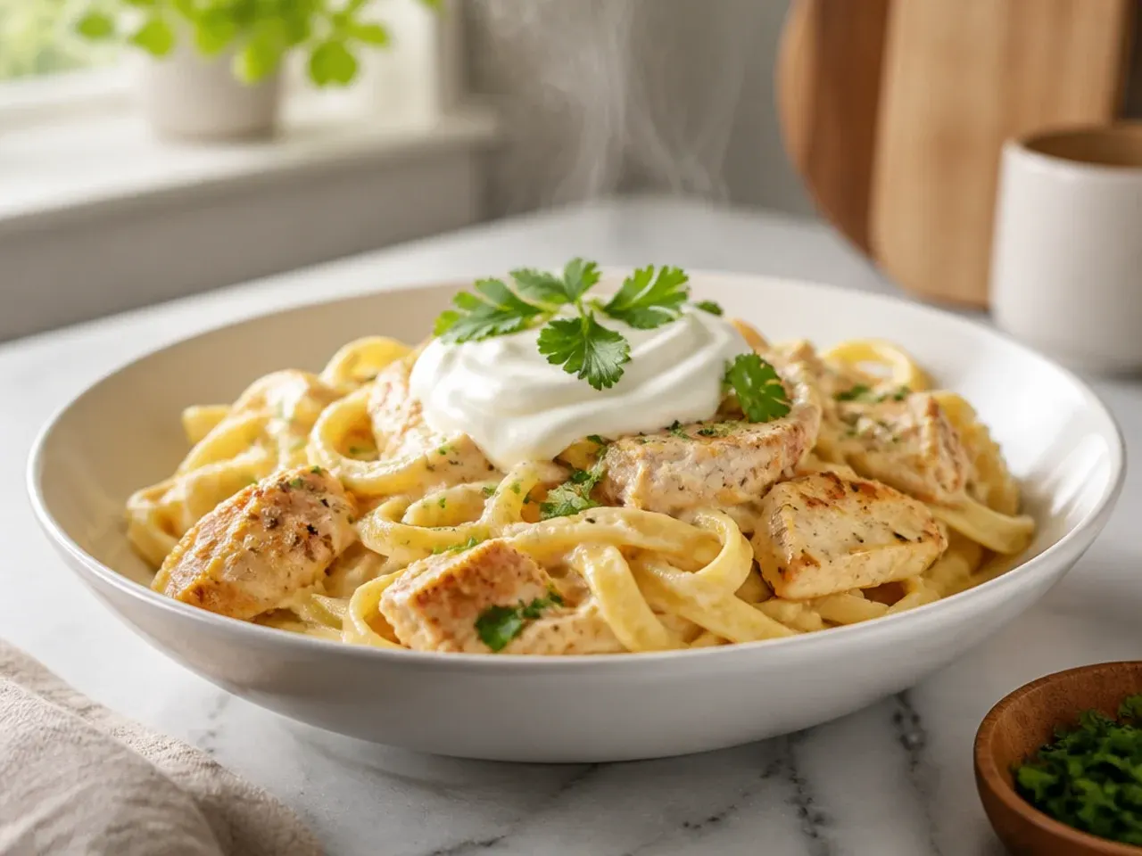 Comforting cream cheese chicken alfredo pasta with a thick glossy sauce