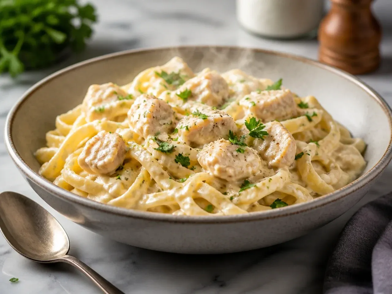 Budget pantry chicken alfredo pasta made with evaporated milk sauce