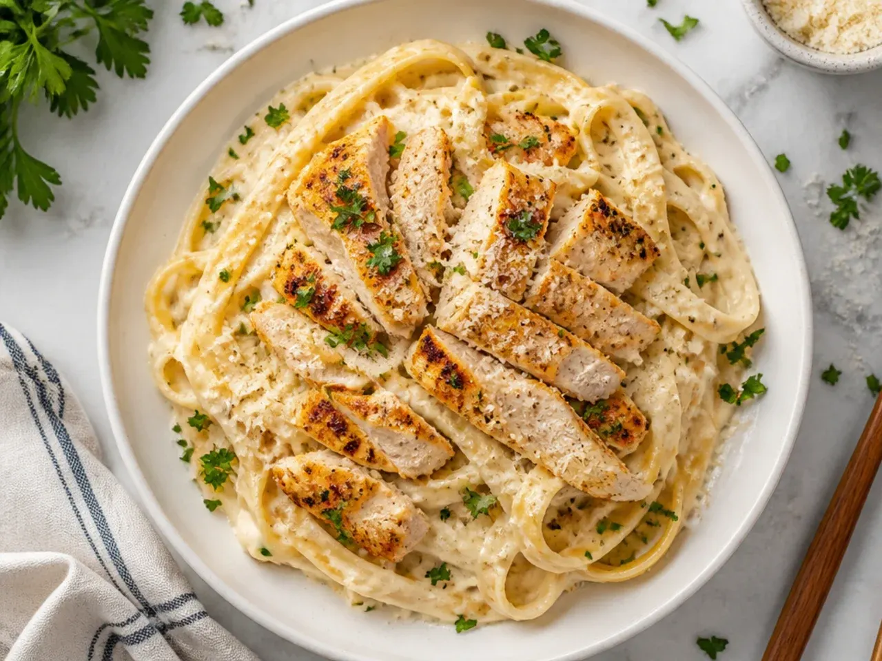 Weeknight air-fryer chicken alfredo pasta with sliced air-fried chicken