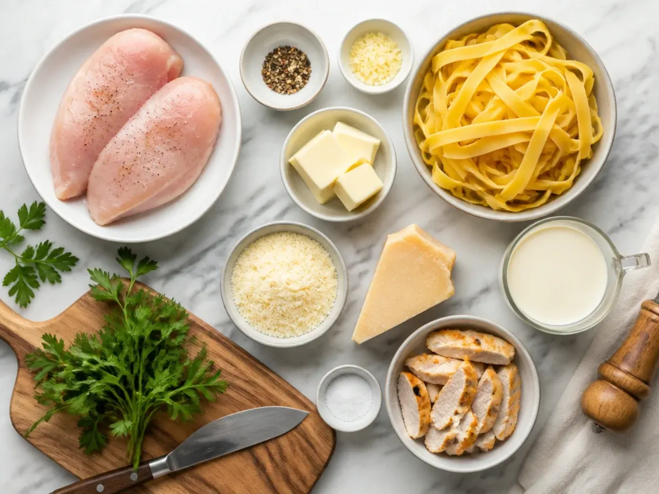 Hands grating fresh parmesan cheese over a pot of chicken alfredo sauce