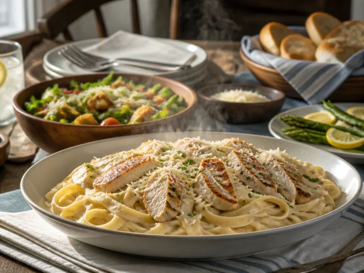 Chicken alfredo pasta served with garlic bread and a side salad