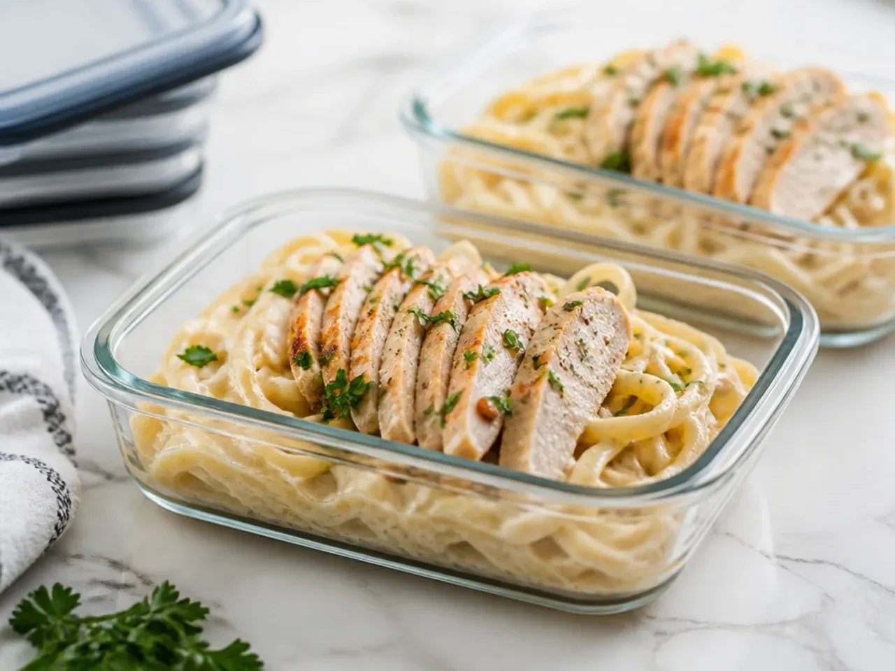 Leftover chicken alfredo pasta being reheated in a skillet with a splash of milk