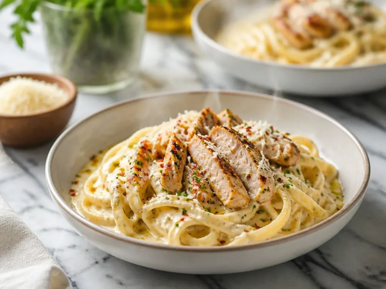 Grated Parmesan being whisked into cream sauce off the heat