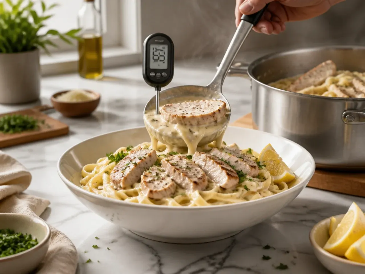 Instant-read thermometer inserted into a seared chicken cutlet