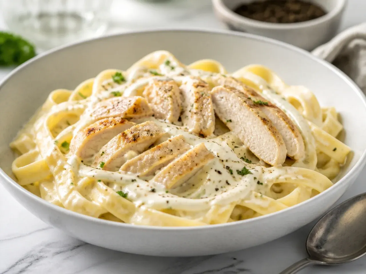 Fettuccine being tested for doneness with a fork straight from the pot