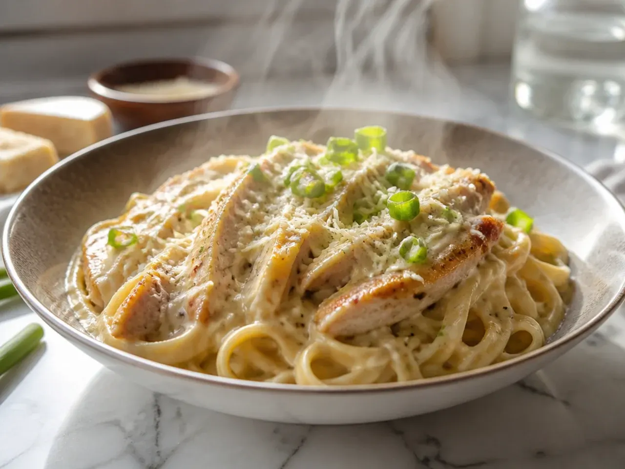 Pot of boiling pasta water next to a skillet of simmering alfredo sauce