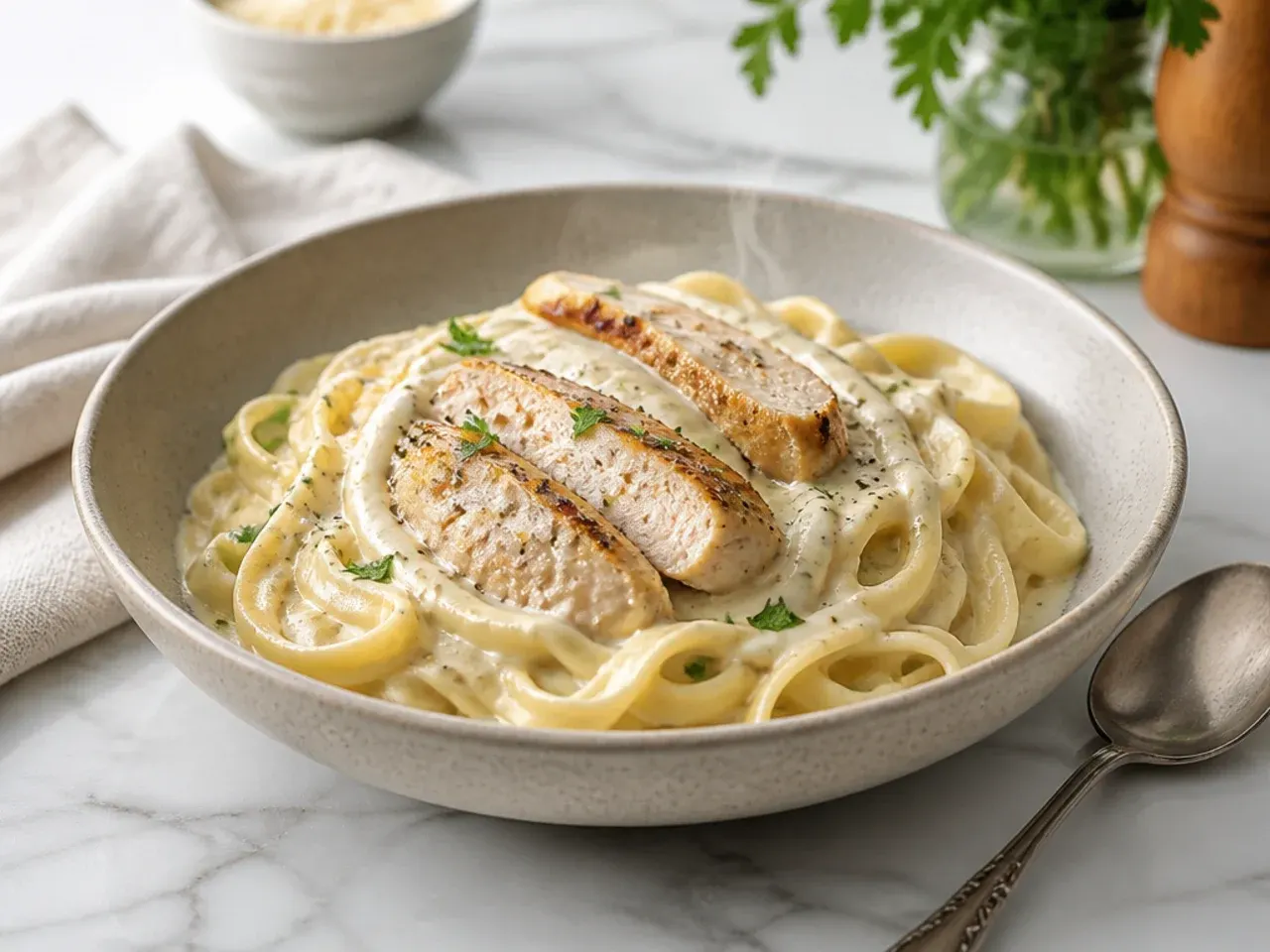 Leftover chicken alfredo being gently reheated in a skillet with a splash of milk