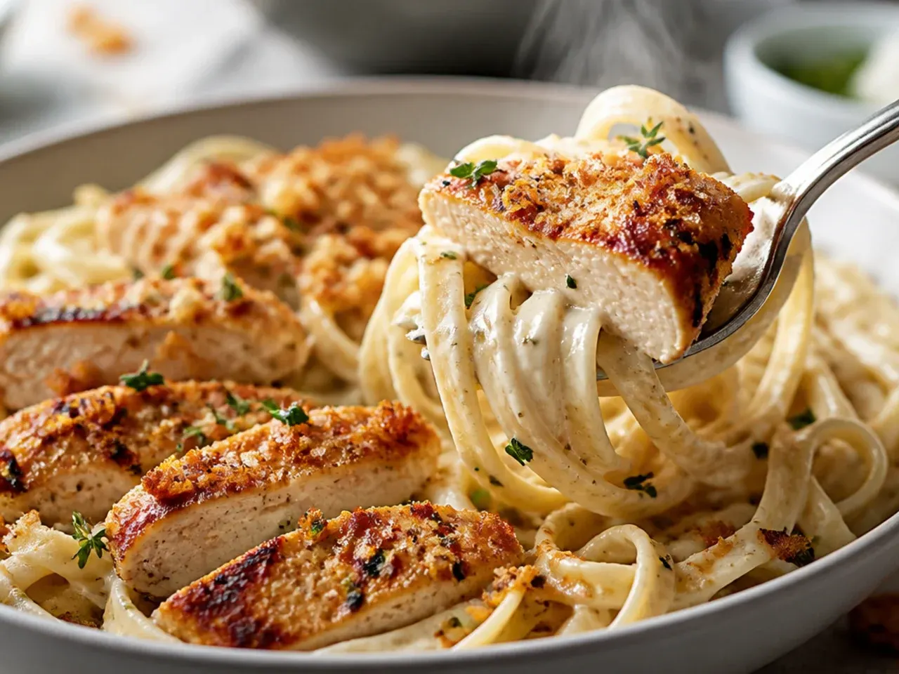 Cook tasting a spoonful of finished chicken alfredo sauce before serving