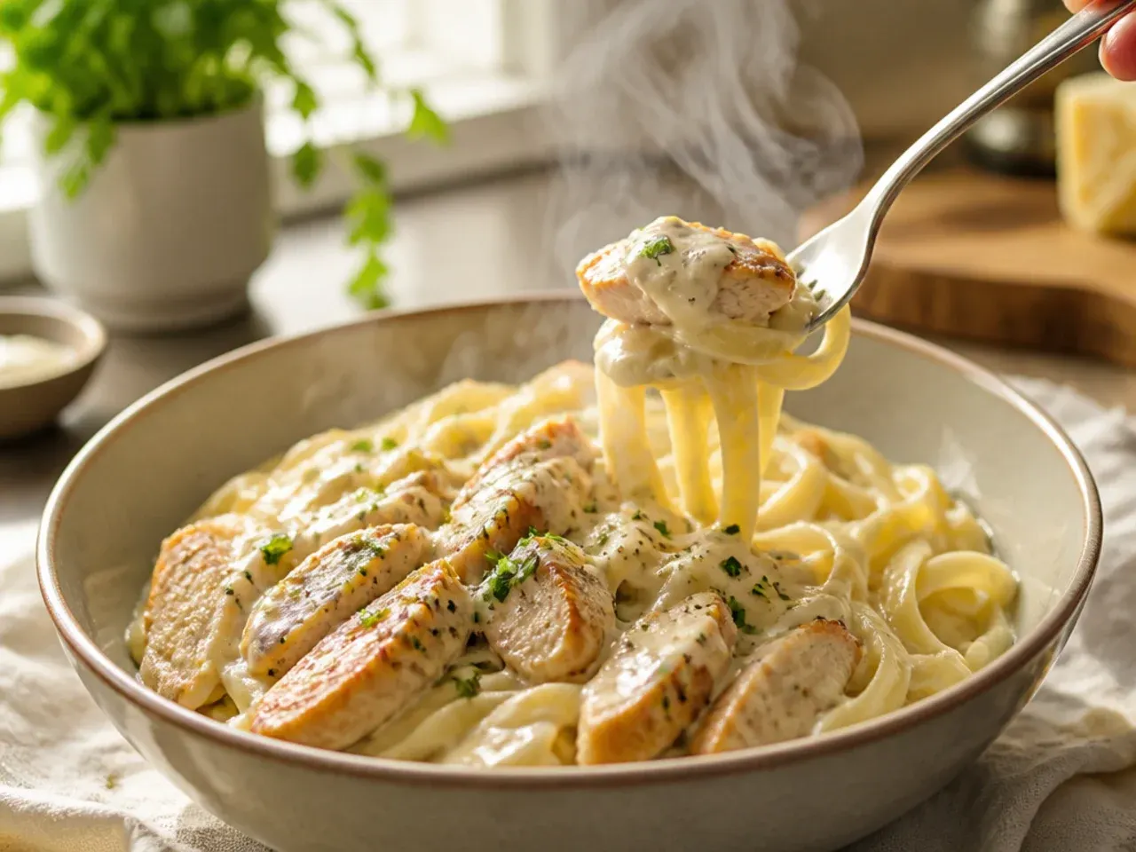 Finished bowl of creamy chicken alfredo pasta ready to serve at the table