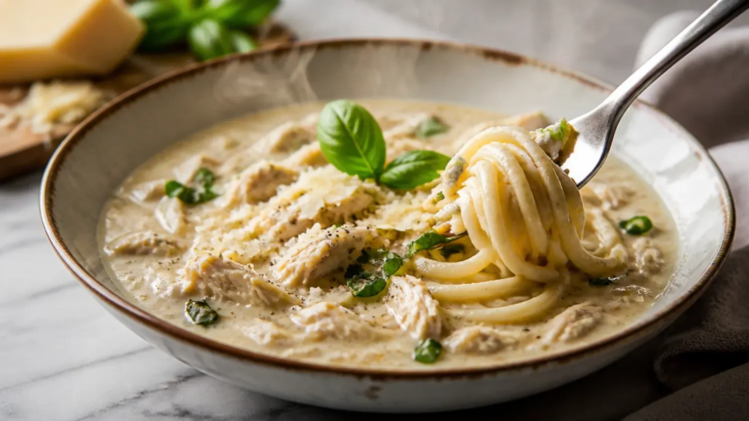 Overhead shot of a bowl of creamy chicken alfredo soup with pasta, shredded chicken, and grated Parmesan, garnished with black pepper and parsley