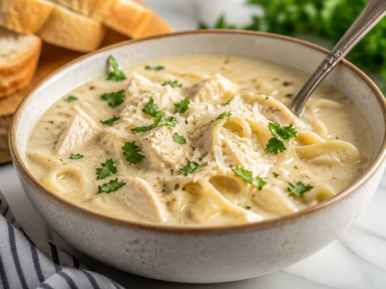 Wide shot of a table set with several bowls of chicken alfredo soup, crusty bread, and fresh herbs