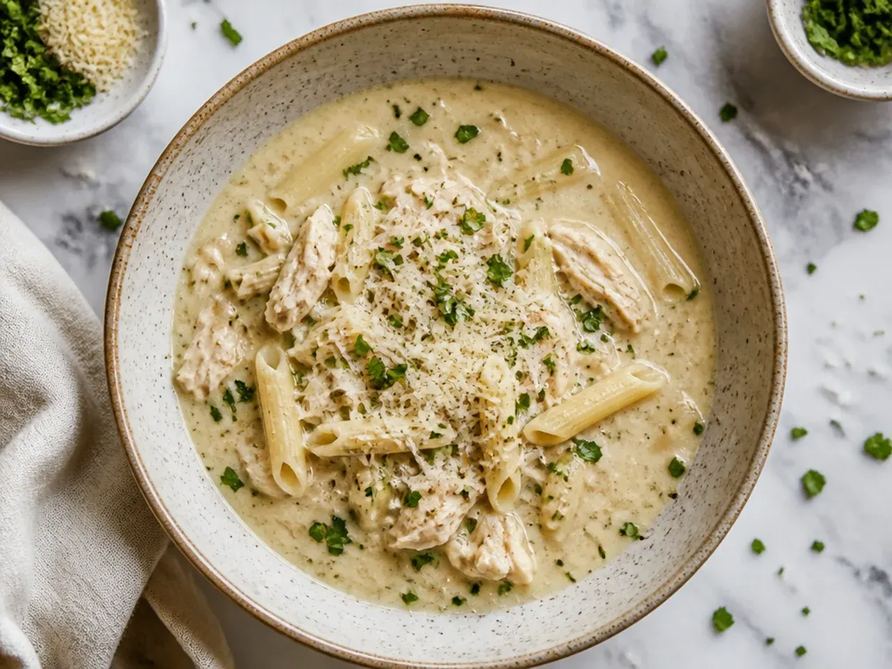 Close-up of classic chicken alfredo soup with ditalini pasta and shredded chicken in a white bowl
