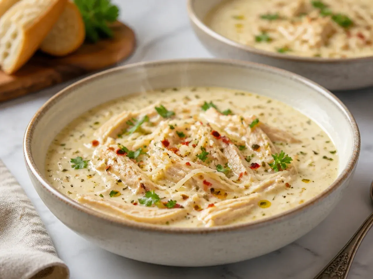 Steaming pot of quick weeknight chicken alfredo soup with mini pasta shells