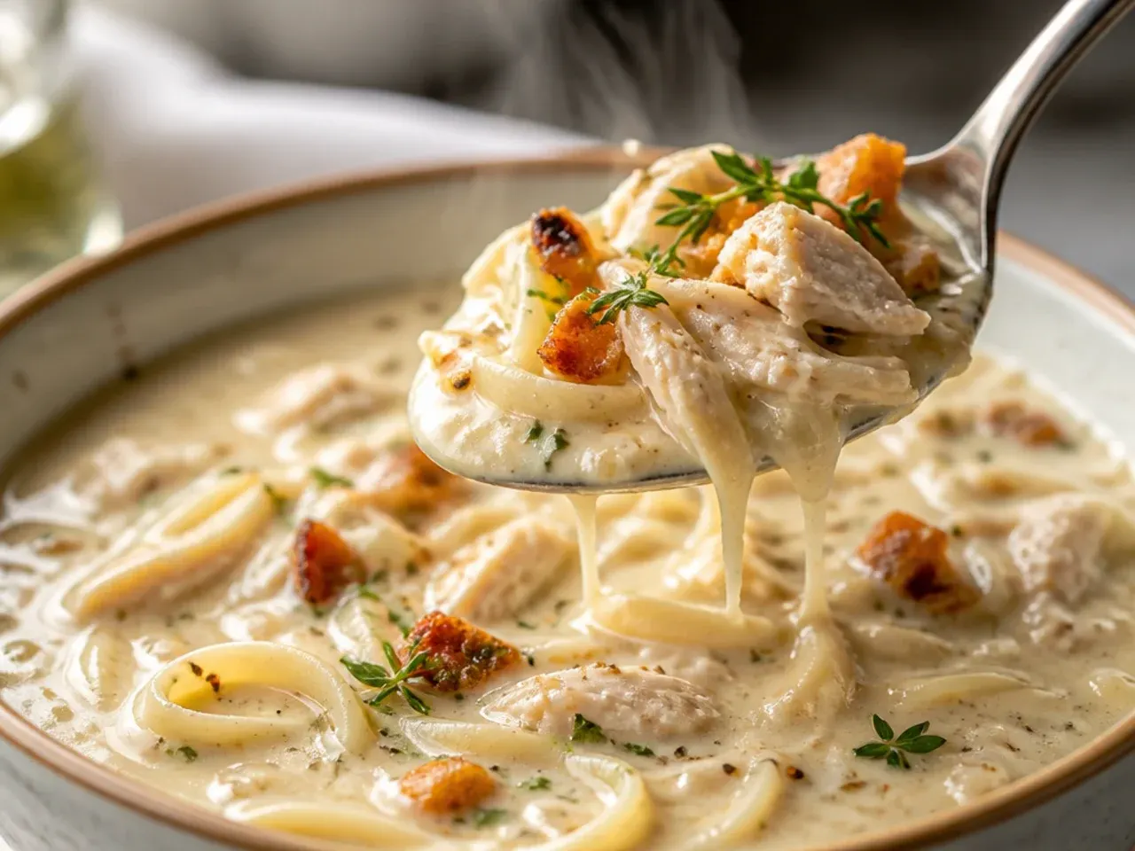 Slow cooker filled with creamy chicken alfredo soup and shredded chicken