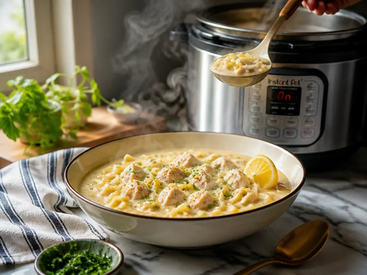 Instant Pot open to reveal creamy chicken alfredo soup with pasta