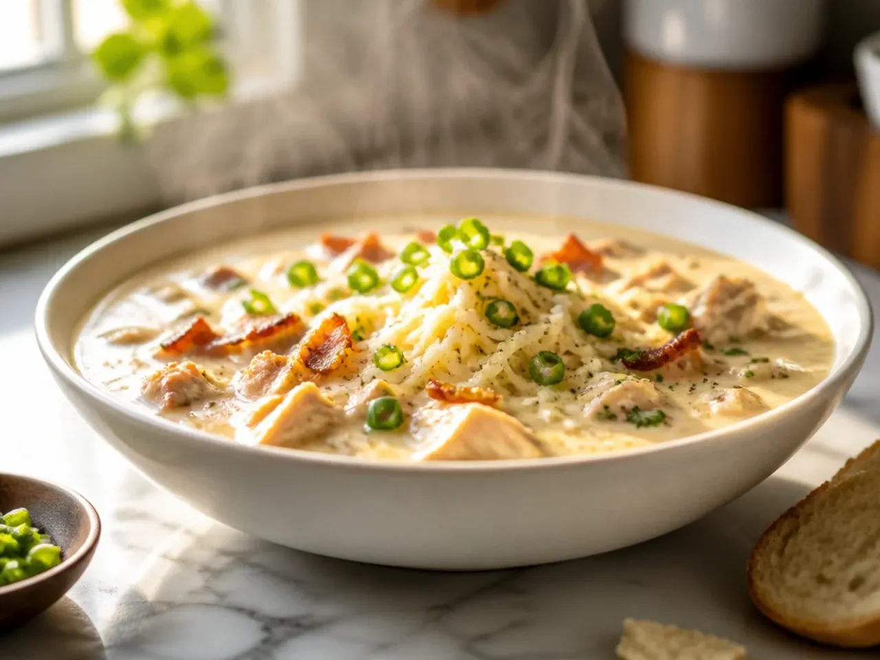 Bowl of chicken alfredo soup topped with crispy bacon crumbles and chives