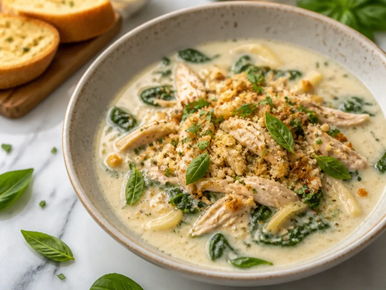 Chicken alfredo soup with wilted spinach visible in a creamy broth
