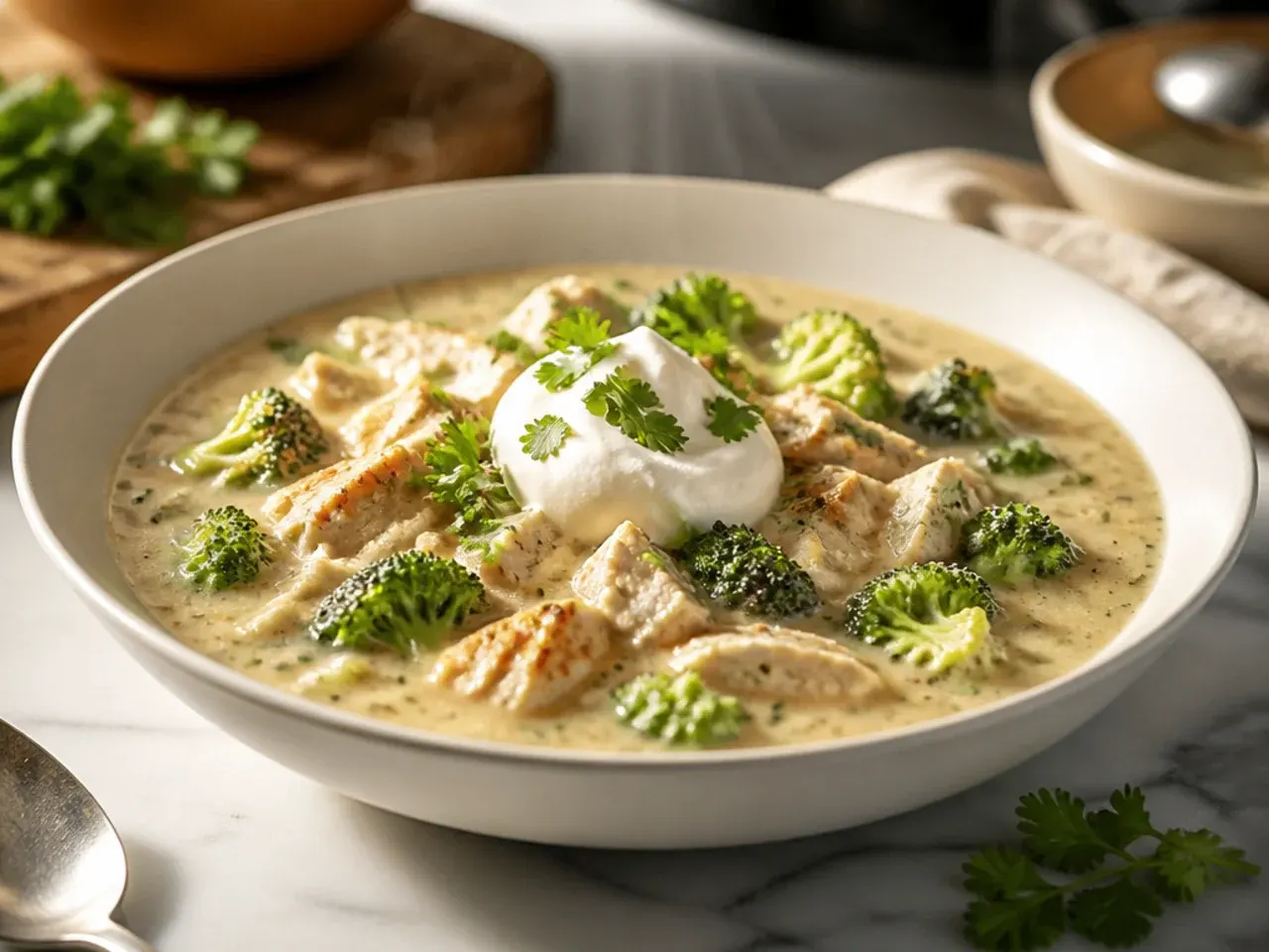 Creamy chicken alfredo soup with bright green broccoli florets