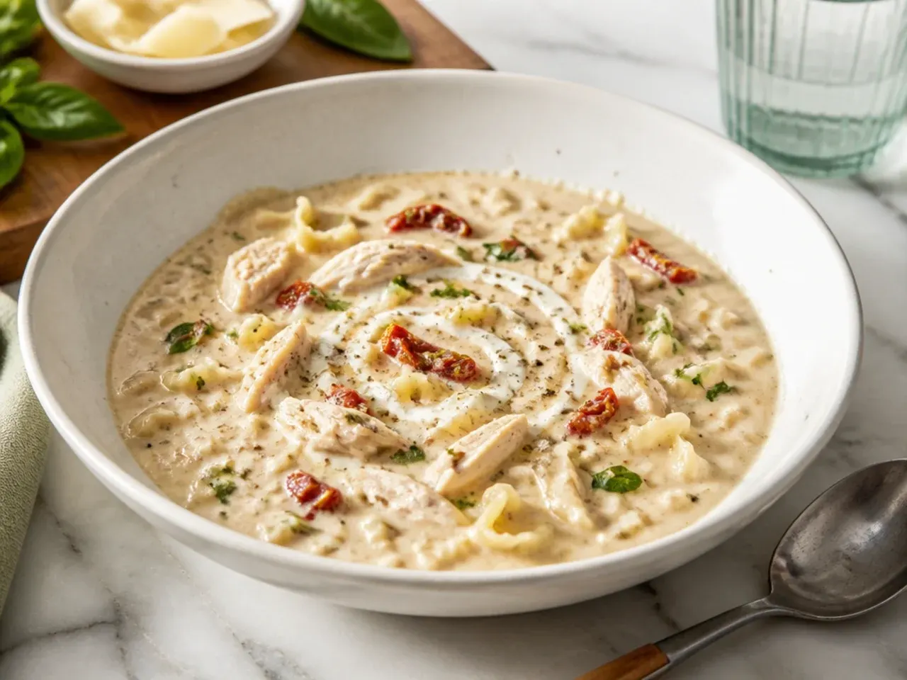 Chicken alfredo soup with strips of sun-dried tomato and fresh basil on top