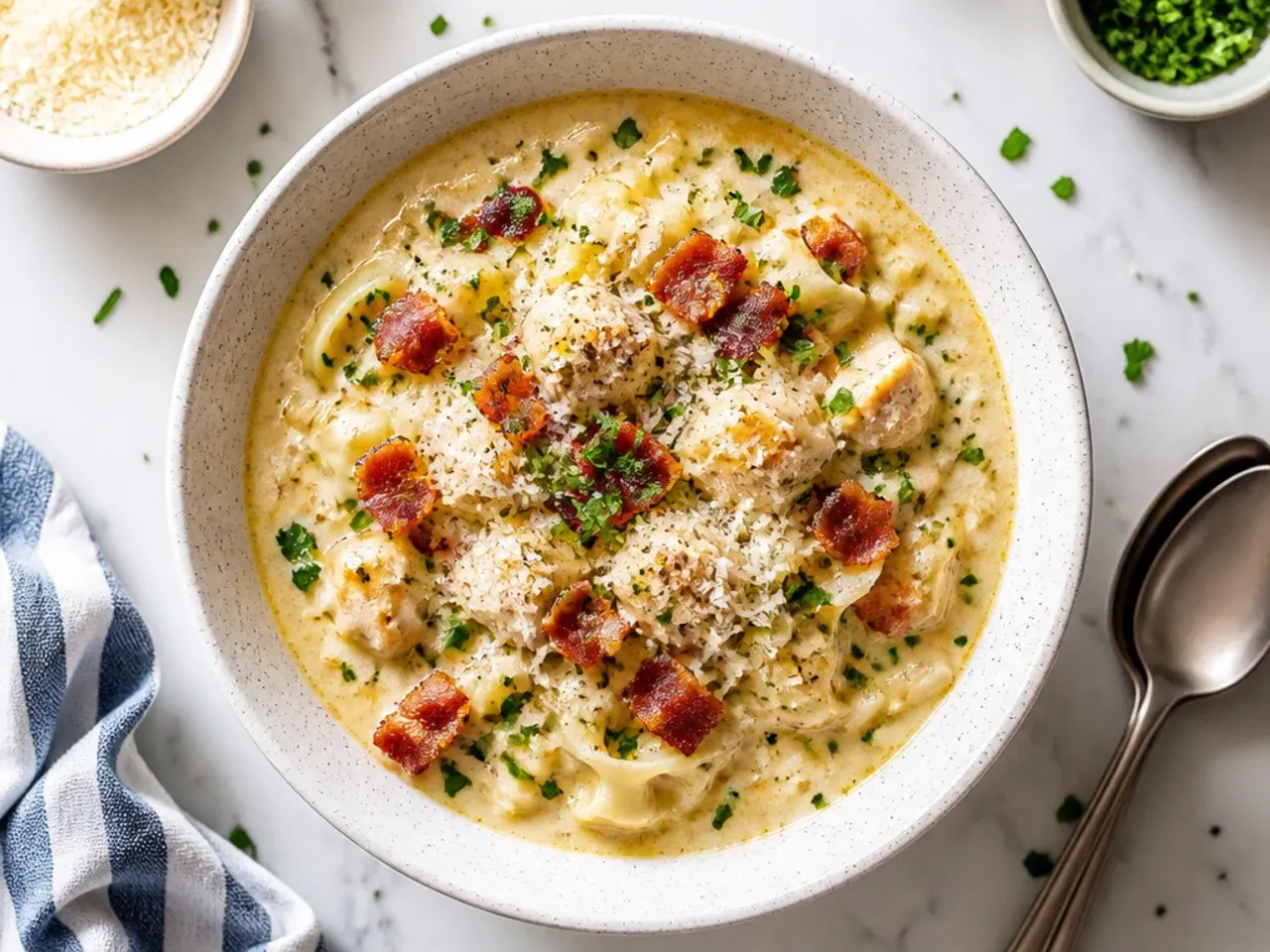 Bowl of bacon-ranch chicken alfredo soup topped with shredded cheddar