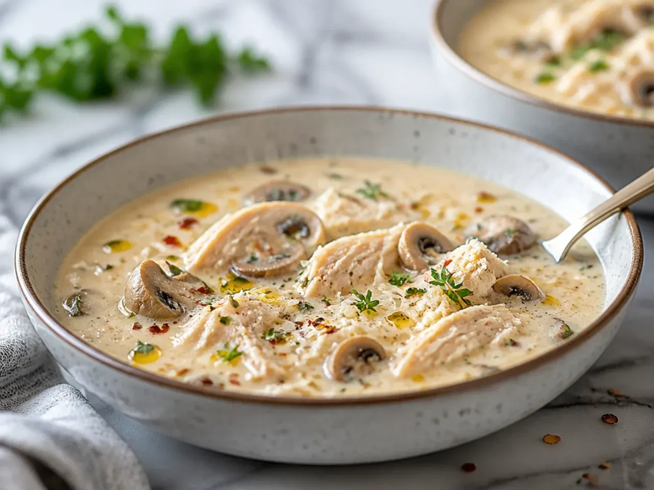 Creamy chicken alfredo soup with golden sautéed mushroom slices