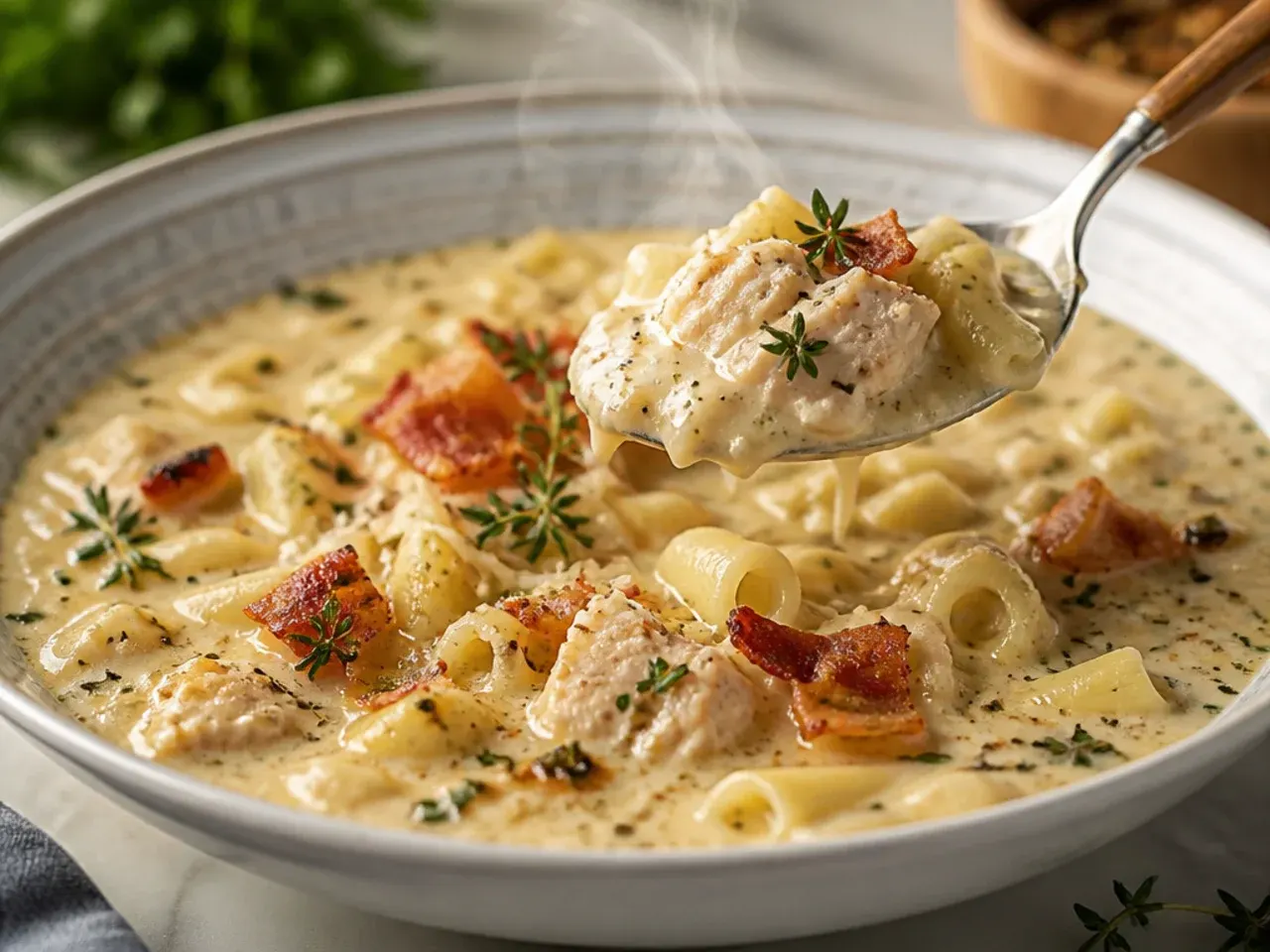 Spicy Cajun chicken alfredo soup with sliced andouille sausage