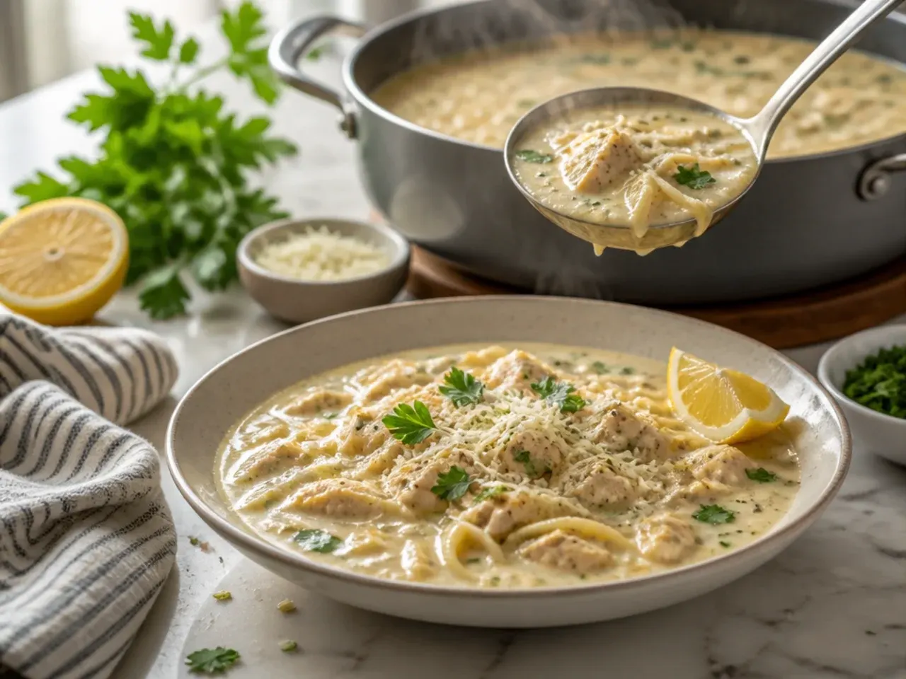 Rich garlic Parmesan chicken alfredo soup topped with shaved Parmesan curls