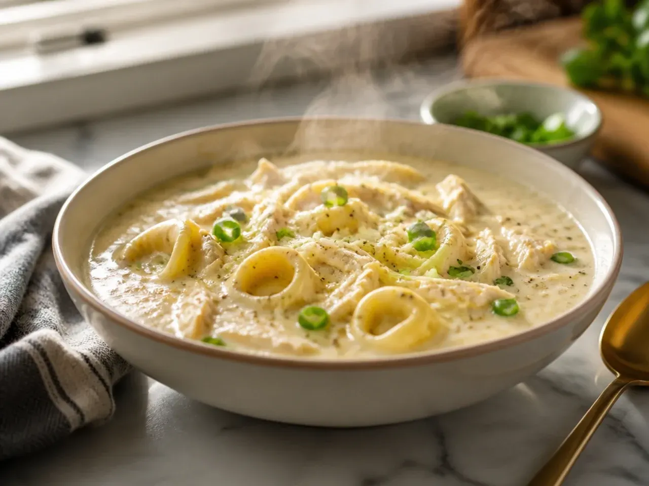 Chicken alfredo soup with cheese tortellini floating in a creamy broth