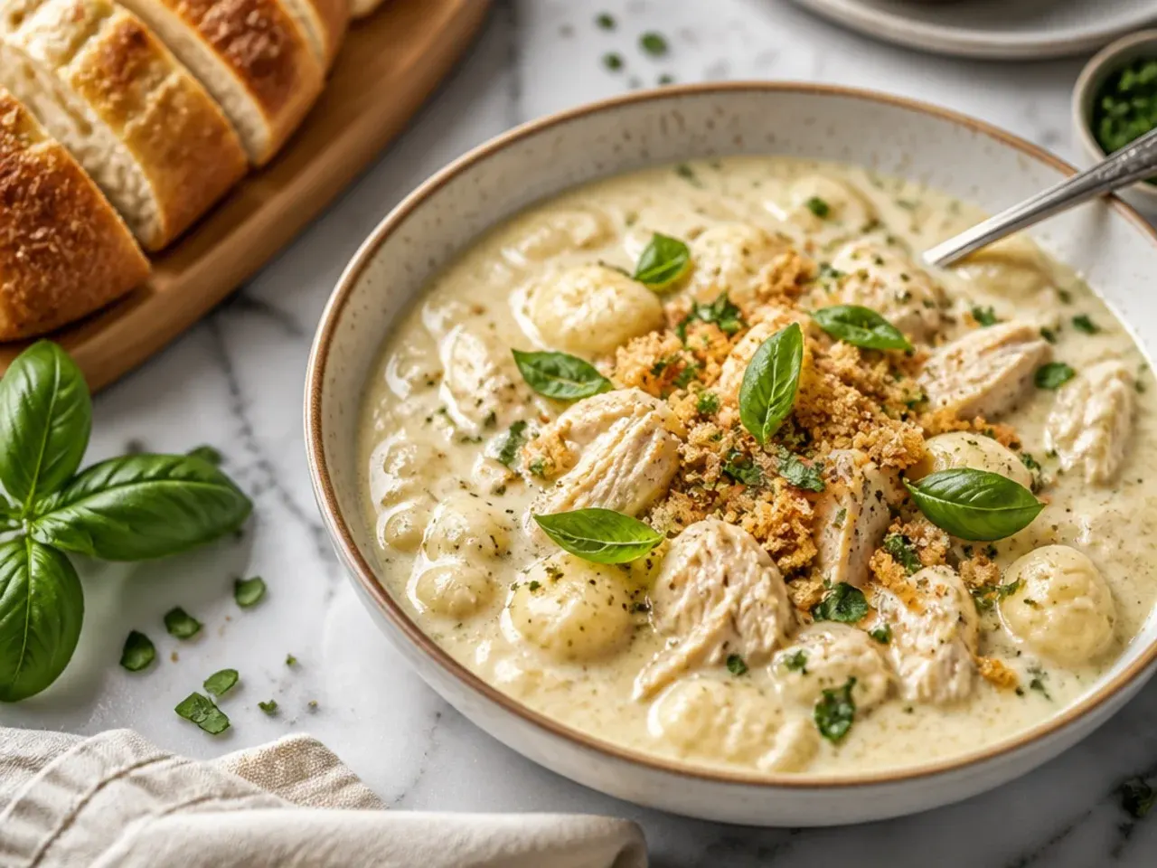 Bowl of chicken alfredo soup with soft potato gnocchi and shredded chicken