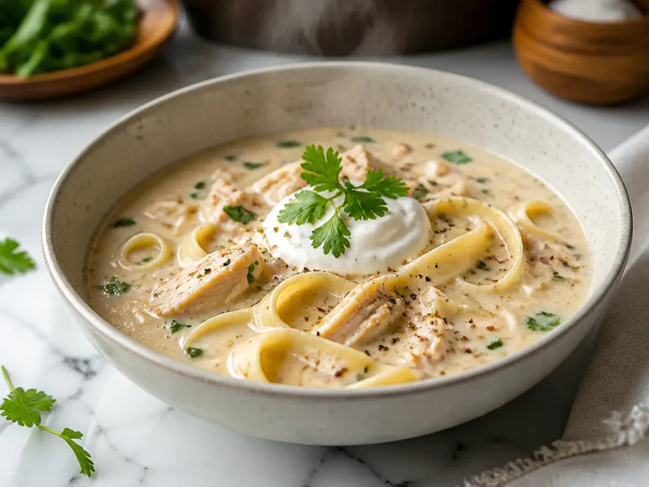 Single Dutch oven pot filled with finished one-pot chicken alfredo soup