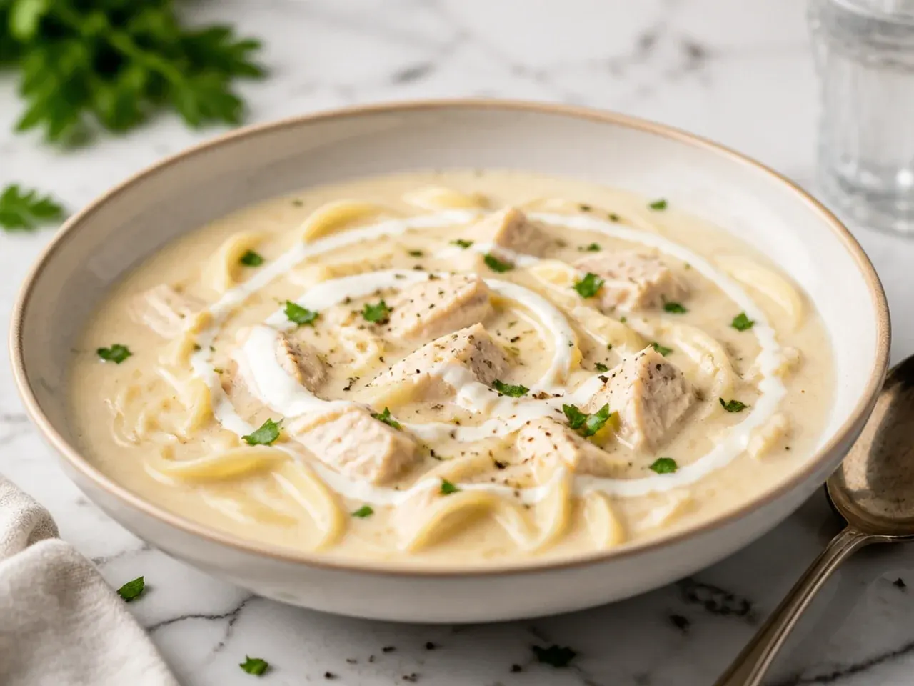 Low-carb chicken alfredo soup with riced cauliflower instead of pasta