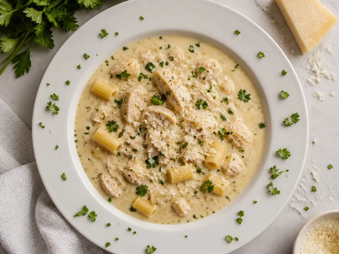 Gluten-free chicken alfredo soup with small gluten-free pasta shapes