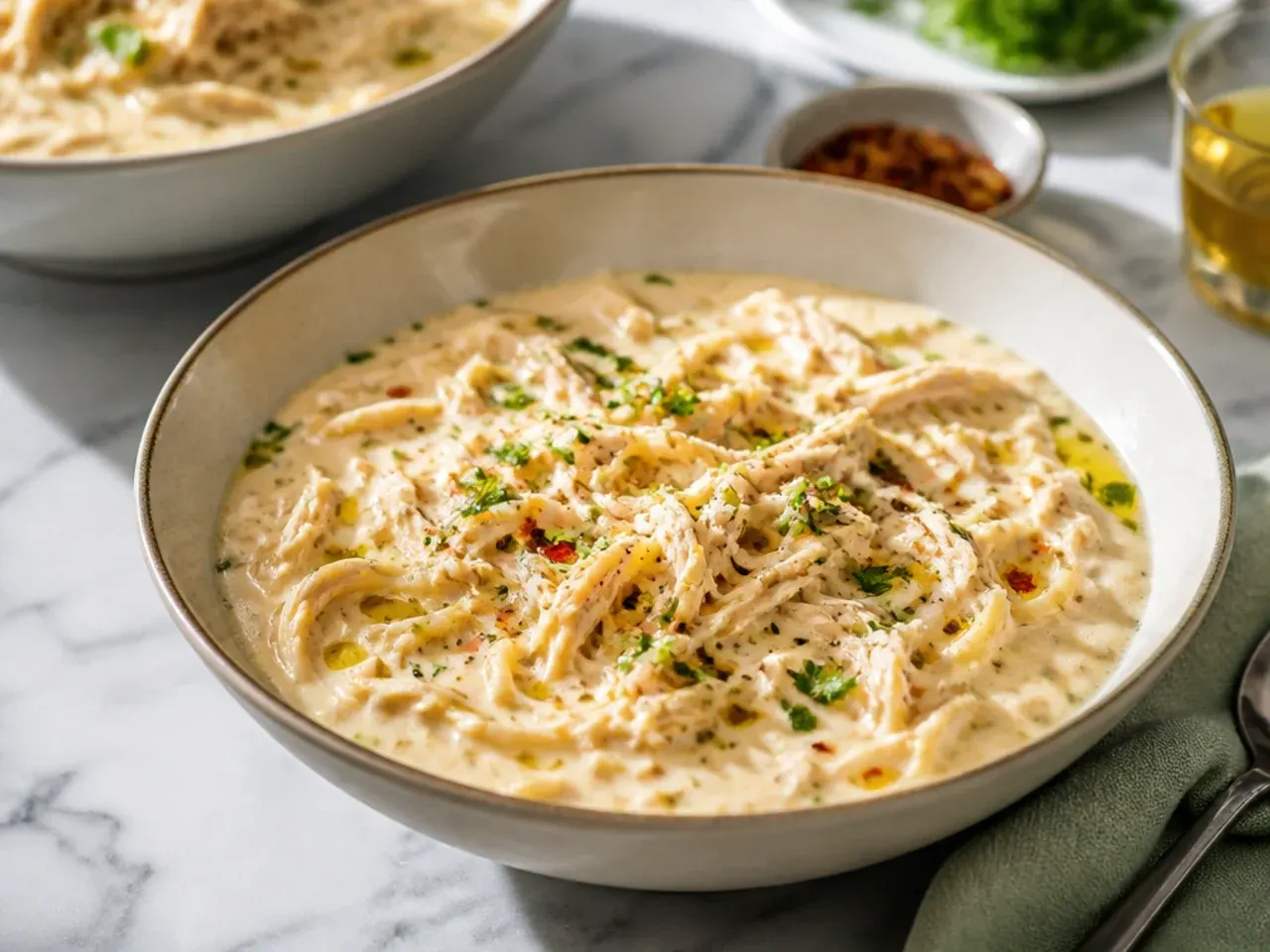 Shredded rotisserie chicken being stirred into creamy alfredo soup