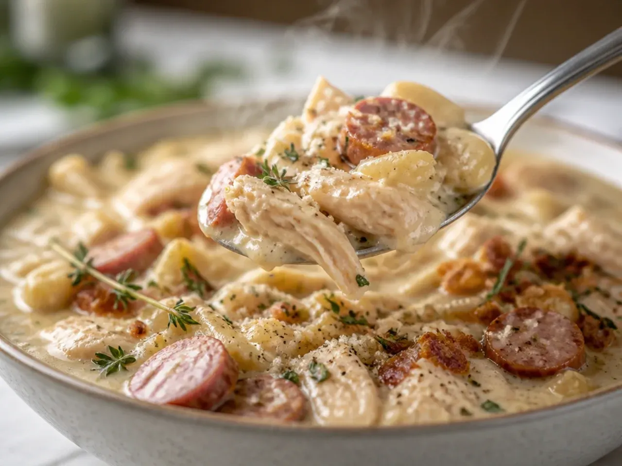 Chicken alfredo soup with sliced smoked sausage coins