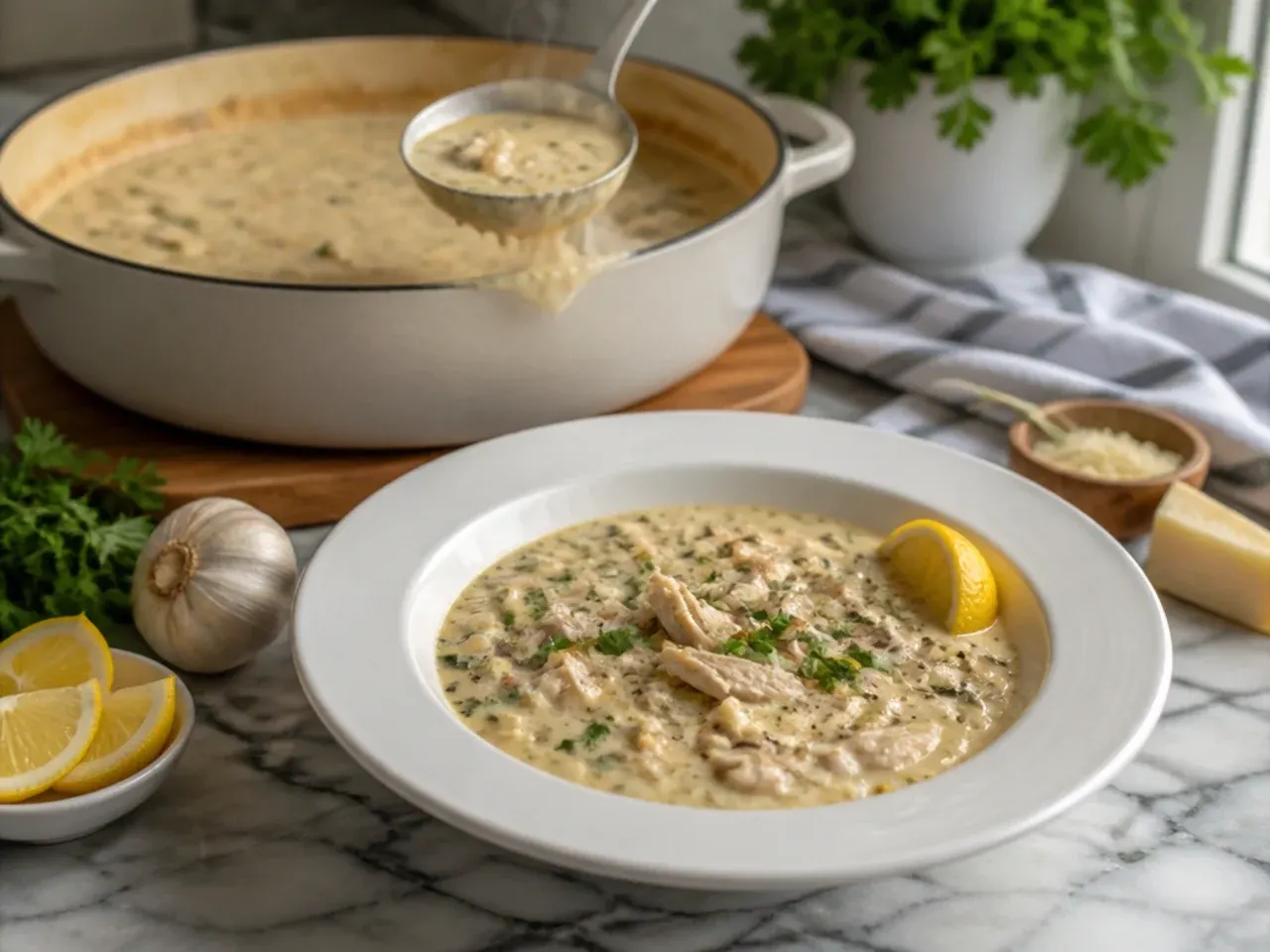 Head of roasted garlic beside a bowl of creamy chicken alfredo soup