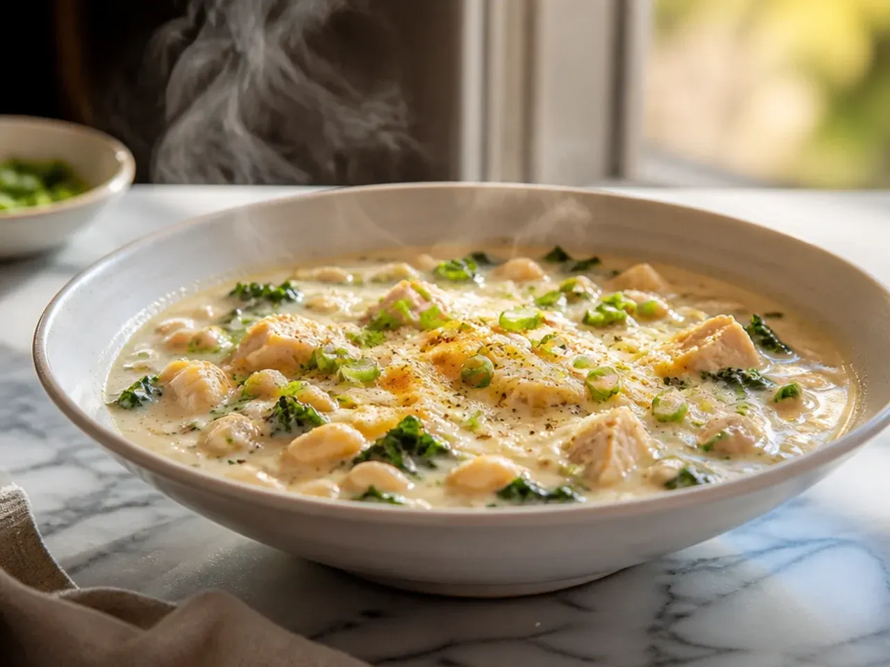 Chicken alfredo soup with kale ribbons and white cannellini beans