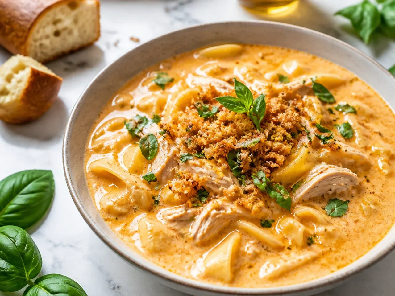Bowl of buffalo chicken alfredo soup with a swirl of hot sauce and blue cheese crumbles