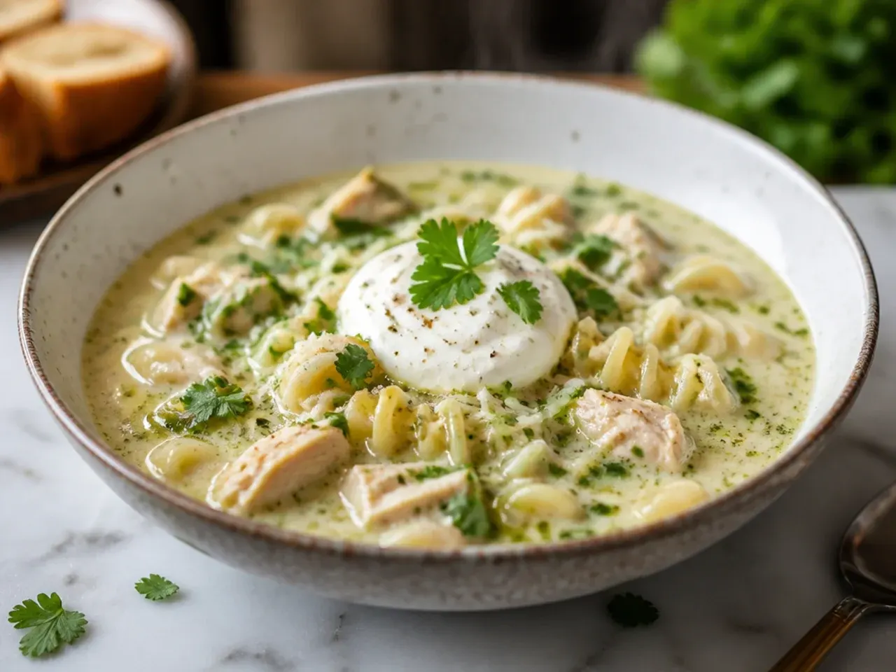 Chicken alfredo soup with a bright green swirl of basil pesto on top