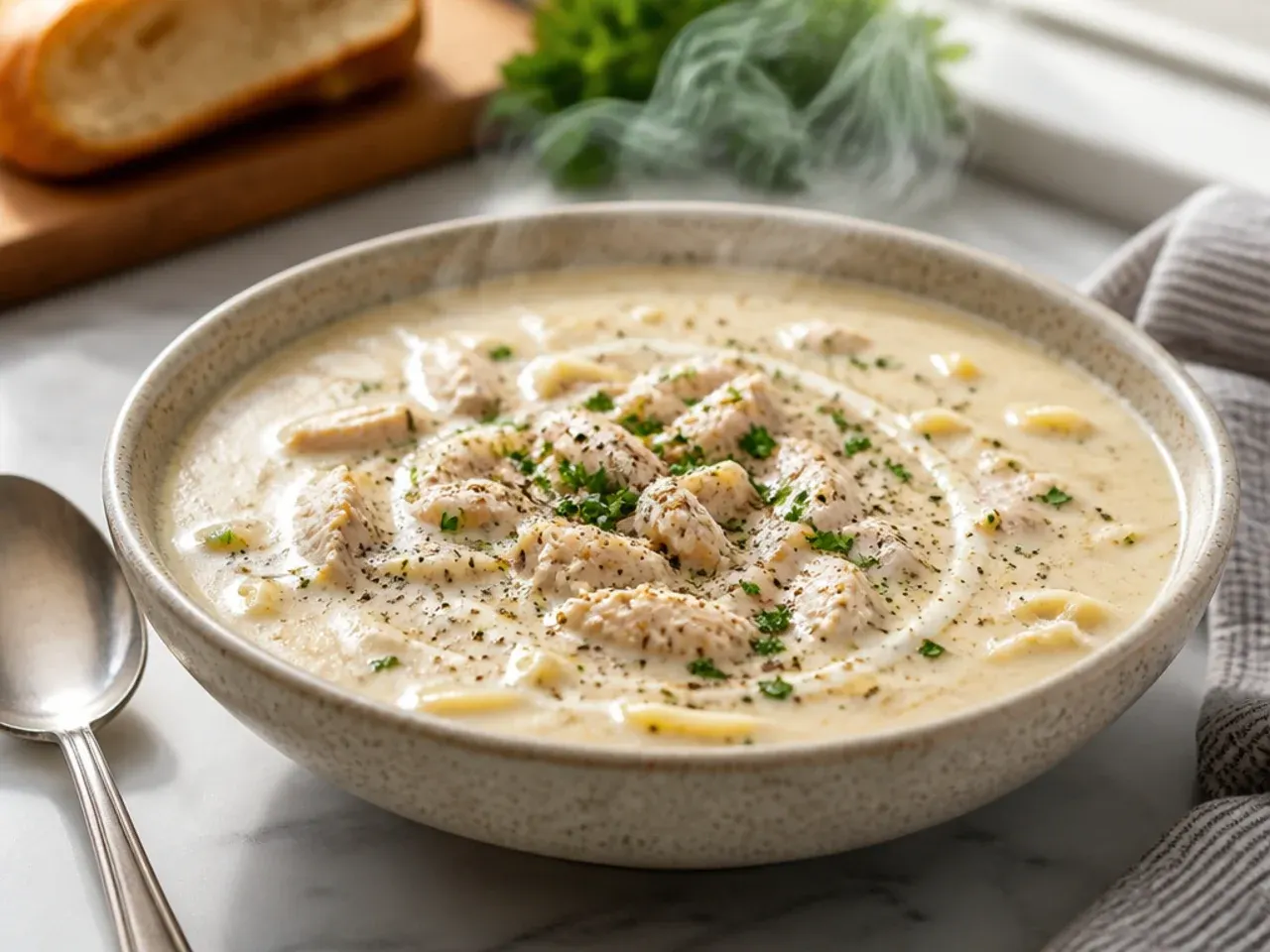 Simple budget-friendly chicken alfredo soup in a large pot