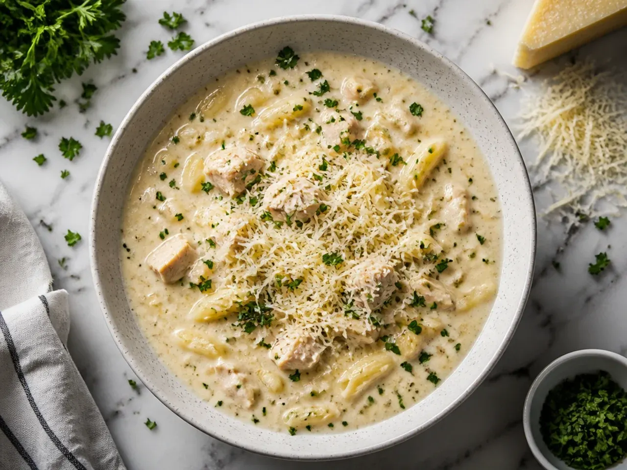 Freezer bag of chicken alfredo soup base next to a bowl of the finished soup
