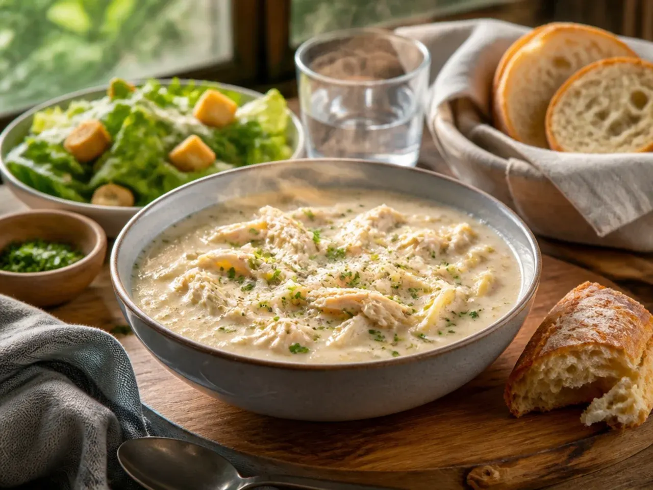 Bowl of chicken alfredo soup served with a side of crusty garlic bread