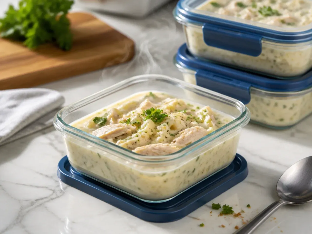 Airtight containers of chicken alfredo soup ready for the fridge or freezer