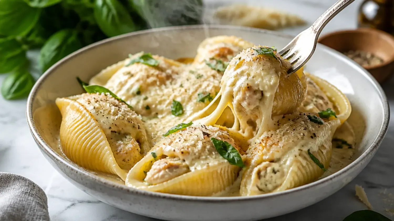 Baking dish of chicken alfredo stuffed shells with golden bubbling cheese and a spoon lifting one shell showing the creamy chicken filling