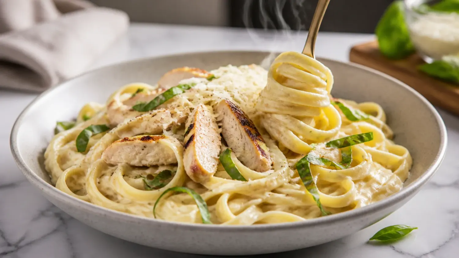 Creamy chicken alfredo pasta topped with sliced pan-seared chicken and grated Parmesan in a white bowl